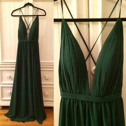 Dark Green V-neck Prom Dress,long Prom..