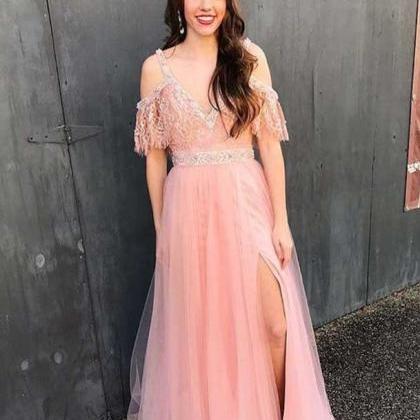 Cute Pink Lace Tulle Long Prom Dress, Pink Lace..