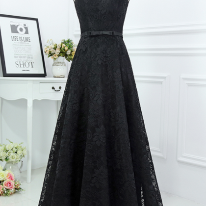Black Lace Evening Formal Dress V Neck Sash A Line..