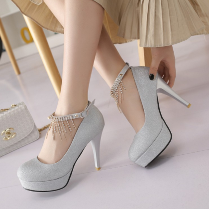 Stiletto High Heels Silver Pu Party Ankle Strap..