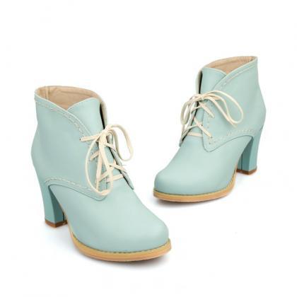 Adorable Pastel Lace Up Chunky Heel Boots