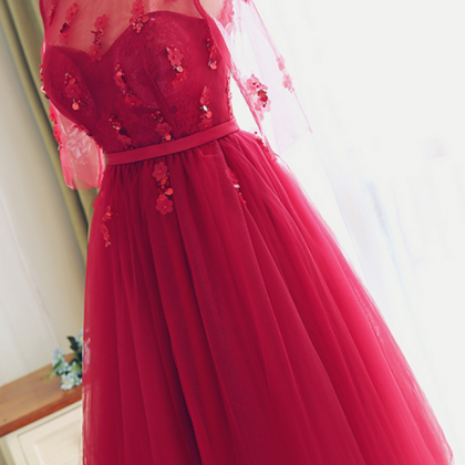 Tea Length Red Lace Bridesmaid Dress,half Sleeves..