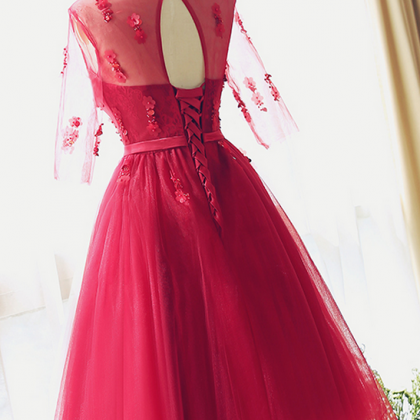 Tea Length Red Lace Bridesmaid Dress,half Sleeves..