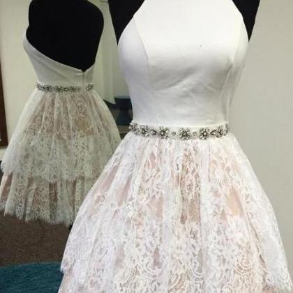 White Lace Halter Backess Tiered Short Prom Dress..