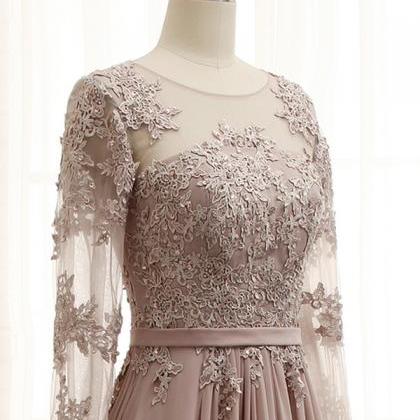 Top Lace A Line Long Chiffon Grey Lace Prom Dress..