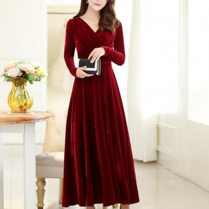 Wine Red A-line Long Sleeves Winter Dresses, Women..