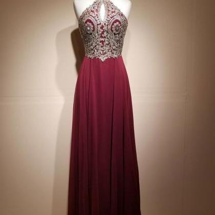 Burgundy Lace Applique Long Prom Dress,halter..