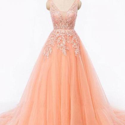 A-line/princess Lace Appliqued V-neck Orange Prom..