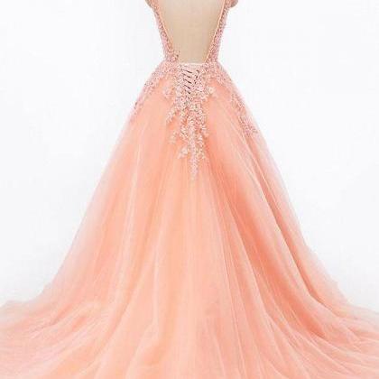 A-line/princess Lace Appliqued V-neck Orange Prom..
