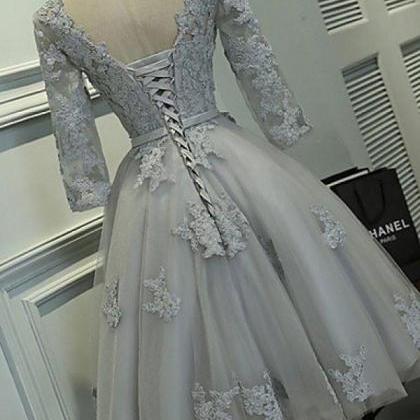 Silver Tulle With Lace Appliqued Short Prom..