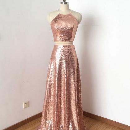 Two Piece Rose Gold Sequin Long Prom Dress,sexy..