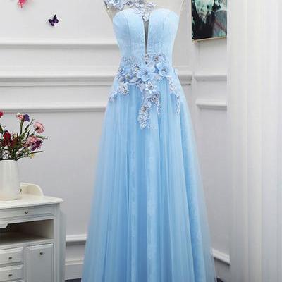 Blue Tulle Prom Dress, Floor Length Long Evening..