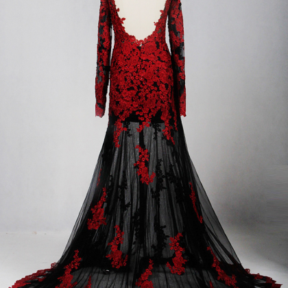 Charming Appliques Black And Red Lace Mermaid..