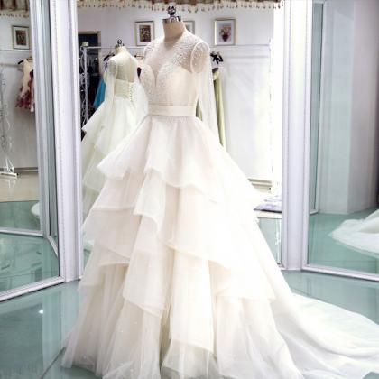 Charming White Wedding Dress, Tulle Long Sleeve..