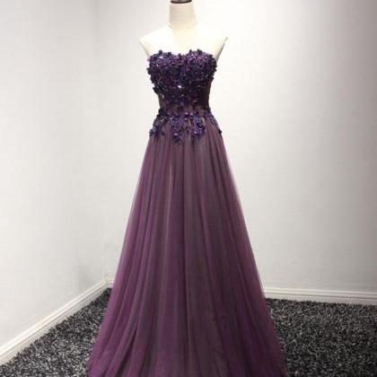 Purple Sweetheart Neck Lace Long Prom Dress,..