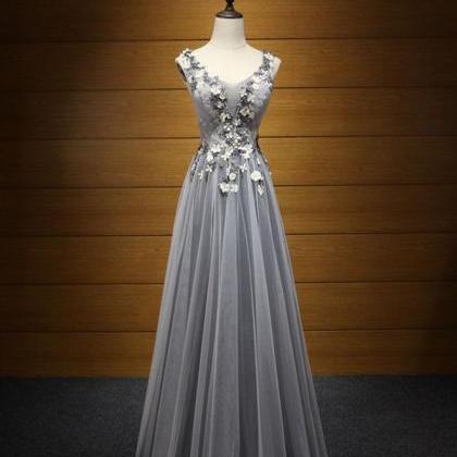 Elegant Gray V Neck Tulle Long Prom Dress, Evening..