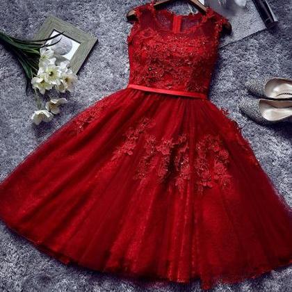 Burgundy Lace Tulle Short Prom Dress, Lace Evening..