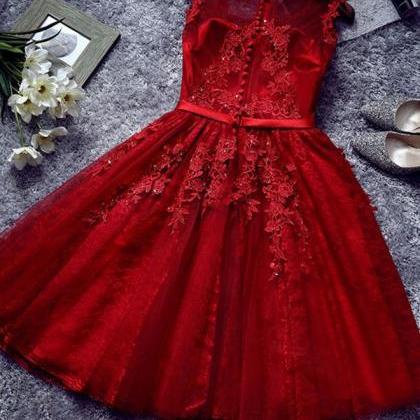 Burgundy Lace Tulle Short Prom Dress, Lace Evening..