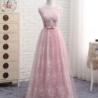 A Line Round Neck Lace Tulle Long Prom Dress, Lace..