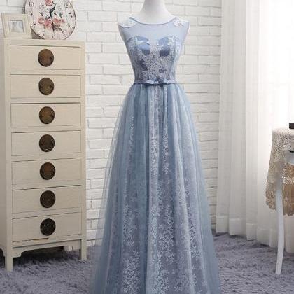 A Line Round Neck Lace Tulle Long Prom Dress, Lace..