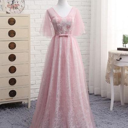 A Line V Neck Lace Tulle Long Prom Dress, Lace..