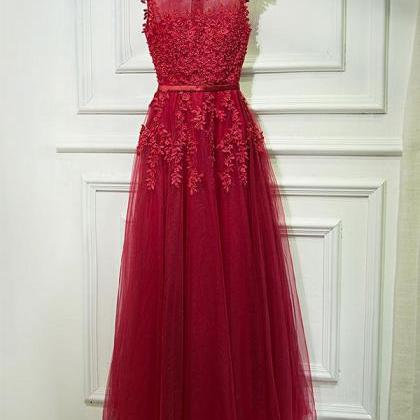 Burgundy A line tulle lace prom dress tulle party dress     fg2906 main image 0