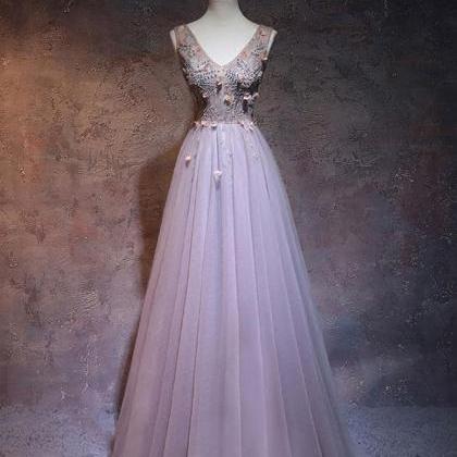 Simple V Neck Beads Tulle Long Prom Dress, Evening..