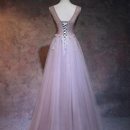 Simple V Neck Beads Tulle Long Prom Dress, Evening..