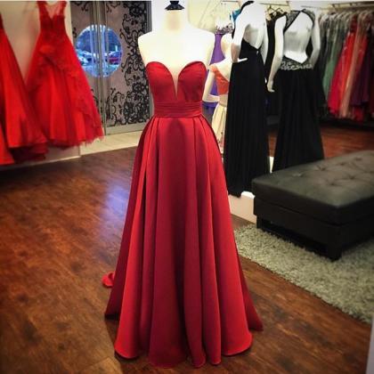 Red Satin A Line Evening Dresses,a Line Long Prom..
