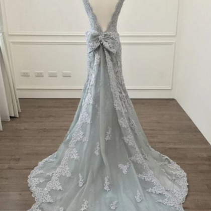 Elegant Silver Lace Prom Dress,mermaid Prom..