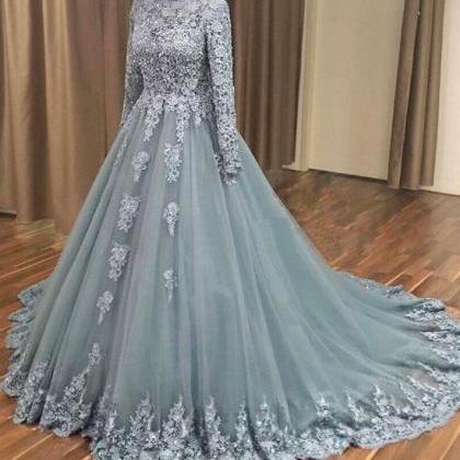 Gray Ball Gown Applique Tulle Long Prom Dress Gray..