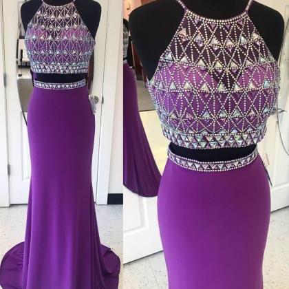 Halter Beaded Sparkly 2 Pieces Prom Dresses,purple..