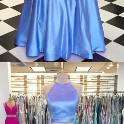 Light Blue Satin Two Piece Prom Dresses With..