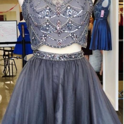 Charming Gray Beaded Two Piece Homecoming Dresses..