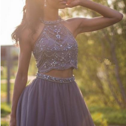 Charming Gray Beaded Two Piece Homecoming Dresses..