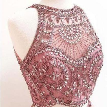 Dusty Rose Satin High Neck Beaded Top Two Piece..