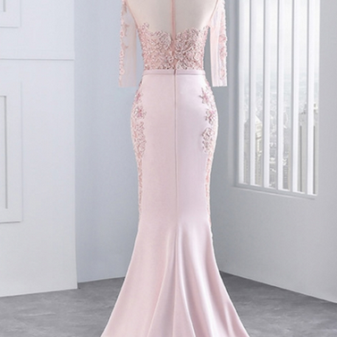 Pink,middle Sleeves, Lace Prom Dresses, Mermaid..