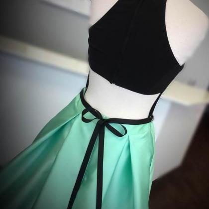 Elegant High Neck Two Piece Black And Mint Green..