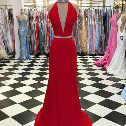 Sexy Red Mermaid Prom Dresses With Halter Beaded..