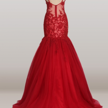 Red Gauze Mermaid Lace Wedding Gown Evening Party..