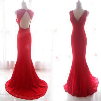 Beautiful Red Lace Sexy Prom Party Dress, Red..