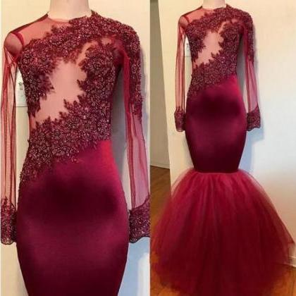 Gorgeous Beaded Burgundy Long Sleeve Prom Dresses..