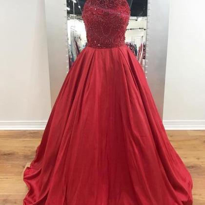 Red Satin Beaded Halter Prom Dresses Long A-line..