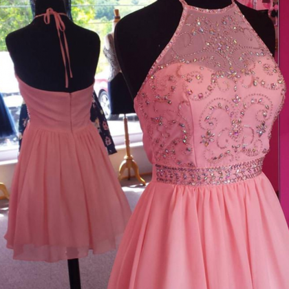 Chic Beaded Halter Pink Chiffon Homecoming Dresses..