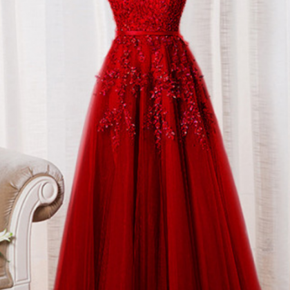 Dark Red Tulle Evening Dresses, A-line Round..