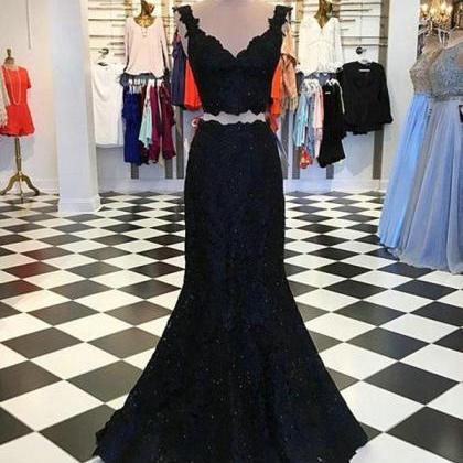 Elegant Black Lace Mermaid Prom Dresses Formal Two..
