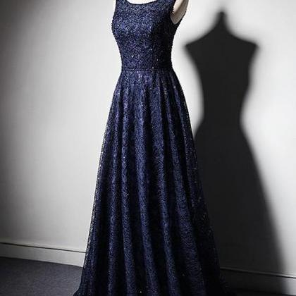 Dark Navy Lace A-line Prom Dress,long Evening..