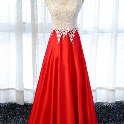 Red Satin Long Lace Appliqués Prom Dress With..