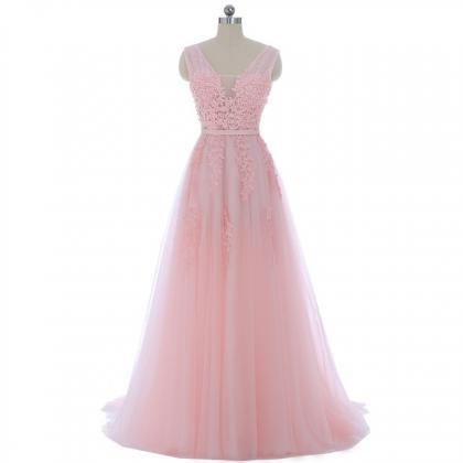 Long Pink Tulle Prom Dress With Lace Applique..