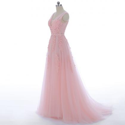 Long Pink Tulle Prom Dress With Lace Applique..